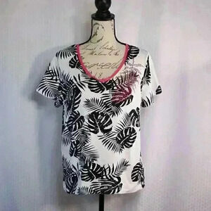 Onque Size L 100% cotton palm leaf v-neck crystal beads short sleeve shirt